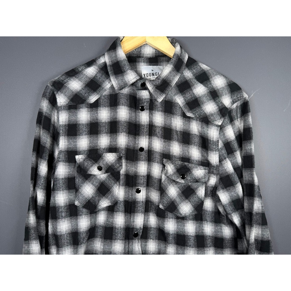YoungLA Mens Medium Model 428 Flannel Shirt Black White Plaid Distressed Raw Hem